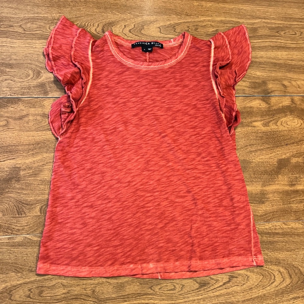 Veronica Beard Jeans Red Slub Knit Ruffle Shoulder Sleeveless Top Small
